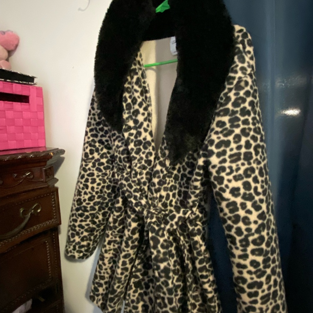 Brown and Black Trench Coat with Leopard Print and Faux Fur Collar